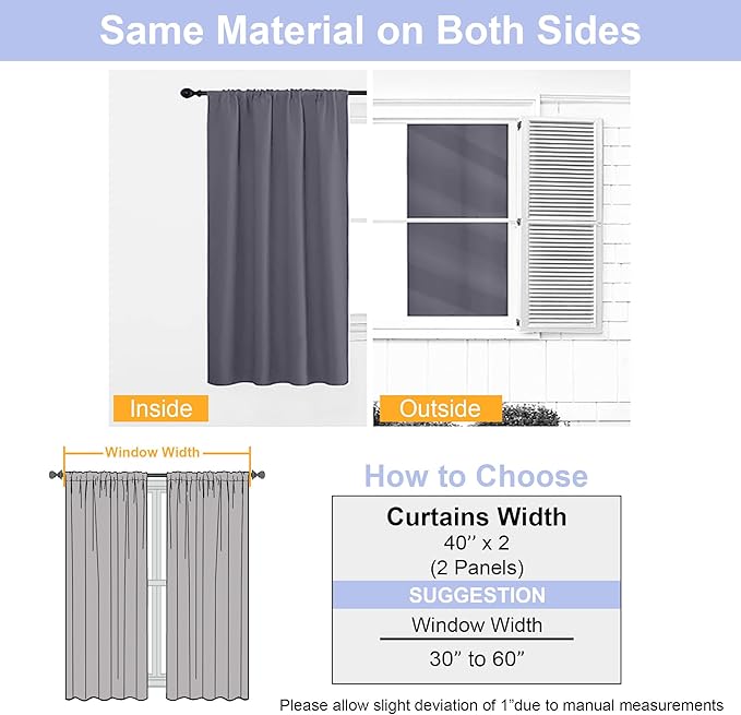 Simplebrand Ava Grey Short Blackout Curtains for Bedroom 45 Inches Long 2 Panels Set, Solid Thermal Insulated, Energy Saving Window Treatment Curtains Blackout Drapes, W40 x L45 Inch, Grey