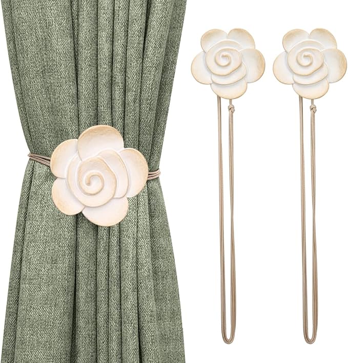Lewondr Magnetic Curtain Tiebacks, Vintage Curtain Holdback, Resin Flower Curtain Ties with Rope Drapery Retro Window Curtain Decorative Buckle Holder for Outdoor, Home Office, and Cafe Balcony, Beige