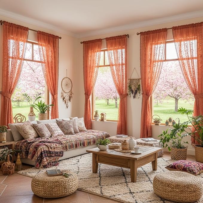 WAZZIO Boho Lace Curtains 63 Inch 2 Panels-Vintage Sheer Panel Drape Floral Pattern & Tassel Light Filtering Privacy for Bedroom Dining Living Room,Cottage Earthy Full Decor Terracotta,W52 x 63L