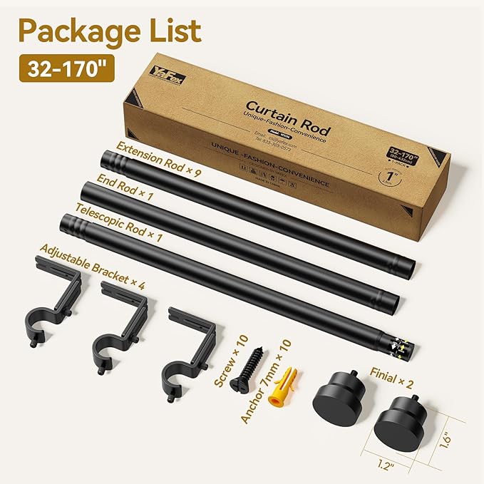 YaFex Curtain Rods 32-170 Inch, Heavy Duty 1 Inch Adjustable Curtain Rod for Windows, Black Extra Long Window Treatment Rods, Modern Design, Easy Installation