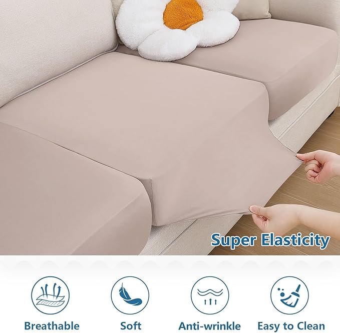 hyha Milk Silk Couch Cushion Covers, Soft Magic Sofa Covers Washable for 3 Cushion Couch, Stretch Sectional Outdoor Cushion Covers for Patio Furniture with Elastic Bottom(Large, Taupe)