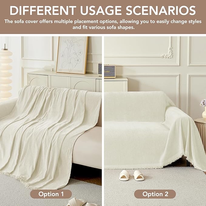 Couch Cover for Dogs, Boho Sofa Covers for 2 Cushion Couch, Chenille Sofa Slipcover for Pets Washable, L-Shape Sectional Couch Loveseat Cover Soft Throw Blankets with Tassels(71x102,Cream)