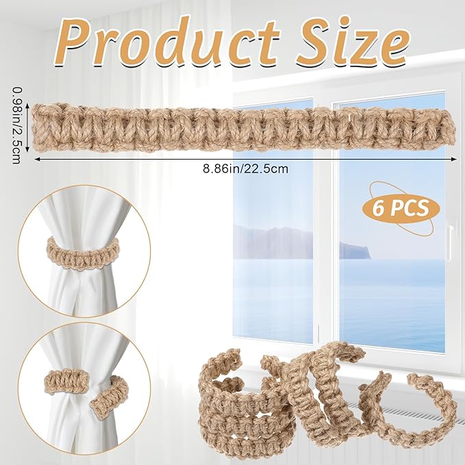 Ptwola 6 Pack Braided Curtain Tiebacks Boho Elegant Rustic Curtain Holdbacks Tie Backs Holders Set Simple Light Weight Drapes Decorative Accessories Handmade for Home Office Bedroom Window (6, Linen)