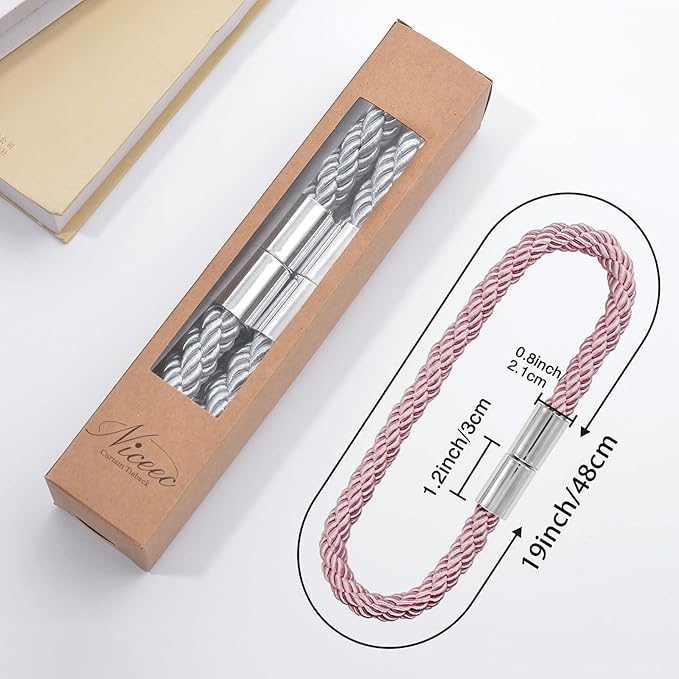 NICEEC 2 Pack Strong Magnetic Curtain Tiebacks Modern Simple Style Drape Tie Backs Convenient Decorative Weave Rope Curtain Holdbacks for Thin or Thick Home & Office Window Draperies (Pink)