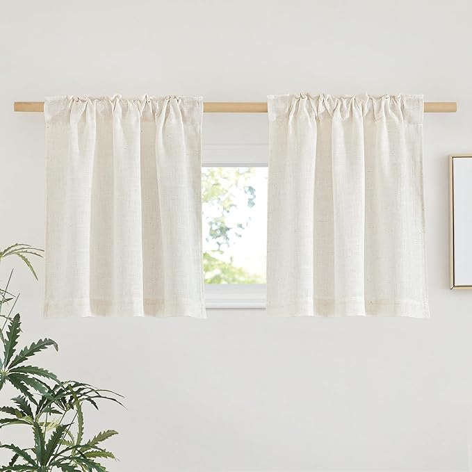 NICETOWN Natural Linen Kitchen Curtains 24 inches Long, Rod Pocket & Back Tab Semi Sheer Flax Window Treatments Rustic & Cute for Cafe/Nursery, W29 x L24, 2 Panels