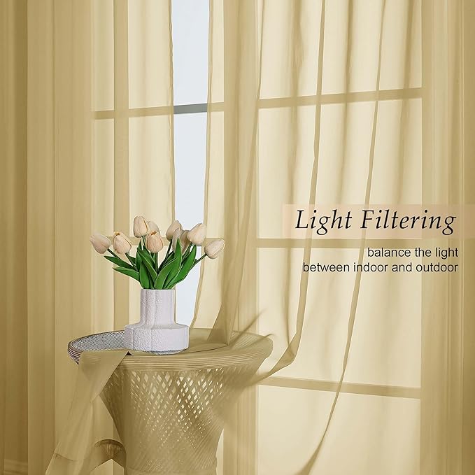 Gold Sheer Curtains 90 Inches Long 2 Panels Set for Bedroom Living Room, Soft Airy Light Filtering Modern Solid Rod Pocket Drapes Window Treatments, Gold, Each 59" W x 90" L