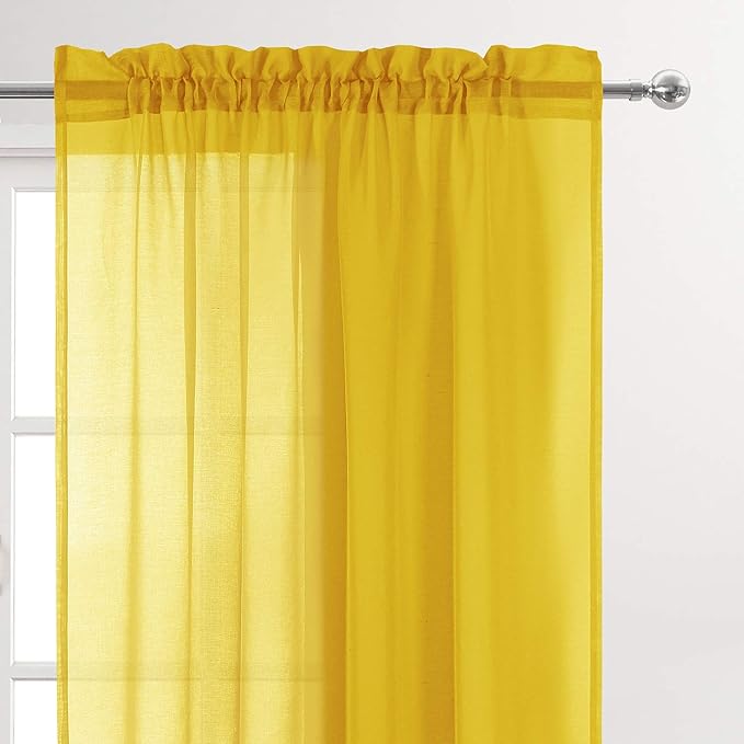 DWCN Yellow Sheer Curtains Semi Transparent Voile Rod Pocket Curtains for Bedroom and Living Room, 42 x 63 inches Long, Set of 2 Panels