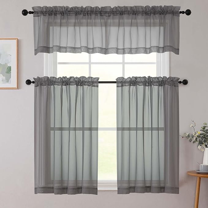 Cafe Curtains 36 Inch Length Tier 2 Pieces, Modern Soft Airy Sheer Kitchen Short Curtains for Small Window, Rod Pocket Small Curtain for Bathroom Basement, Grey, Each, 42" Wx36 L Inches