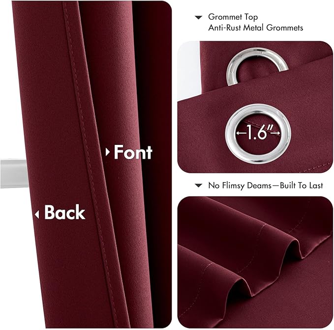 MIULEE Burgundy Red Blackout Curtains for Bedroom Living Room 96 Inches Long 2 Panels, Thermal Insulated Room Darkening Drapes Solid Grommet Top Noise Reduction Christmas Window Treatments 40x96 Inch