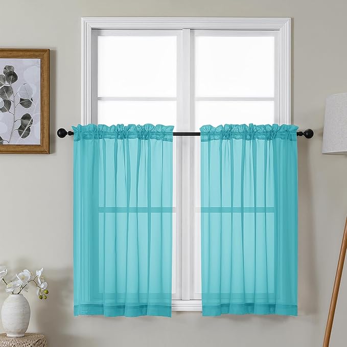 Gwine Turquoise Sheer Kitchen Curtains 36 Inch Length, Light Filtering Voile Soft Airy Small Cafe Curtains, Short Window Curtain for Bathroom Basement, 42x36 inch, 2PCS