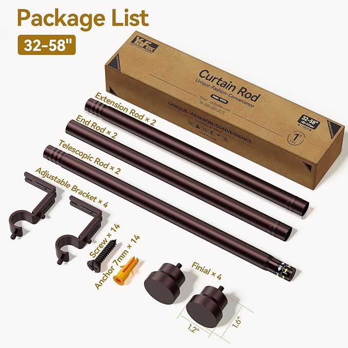 YaFex Curtain Rods 2 Pack 32-58 Inch, Heavy Duty 1 Inch Curtain Rod, Bronze Short Adjustable Window Treatment Rods, Modern Design, Easy Installation