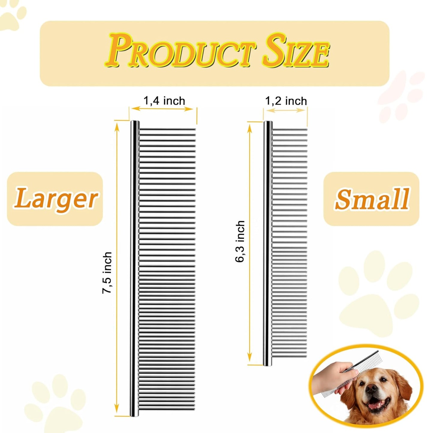 Dog Comb and Cat Combs Stainless Steel Teeth, Grooming Tool for Long & Short Hair, Dematting Comb for Dogs, Removes Tangles & Knots (Small and Large Silver)