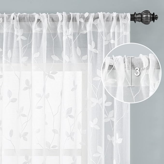 HOMEIDEAS White Sheer Curtains 52 X 84 Inches Length 2 Panels Embroidered Vine Floral Pattern Pocket Faux Linen Semi Sheer Voile Window Drapes for Bedroom Living Room