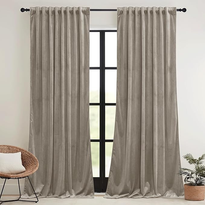 RYB HOME Taupe Velvet Curtains 84 inches Length with Hook Tape, Thermal Insulated Privacy Protect Decorative Drapes for Window, W 52 x L 84 inches, 2 Panels Set