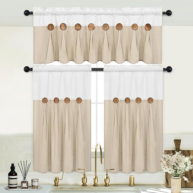 Boho Kitchen Curtains 36 Inch Length, Farmhouse Cotton Linen Tier Curtains, Rustic Button Short Curtain for Windows, Country Cafe Curtain, Rod Pocket Small Window Drapes, White and Linen, 26x36
