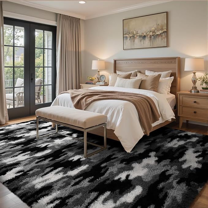 5x7 Ft Large Shag Rugs for Bedroom Living Room, Tie Dyed Ultra Soft Fluffy Furry Area Rug for Indoor Floor, Aesthetic Carpet for Home Decor (Grey)