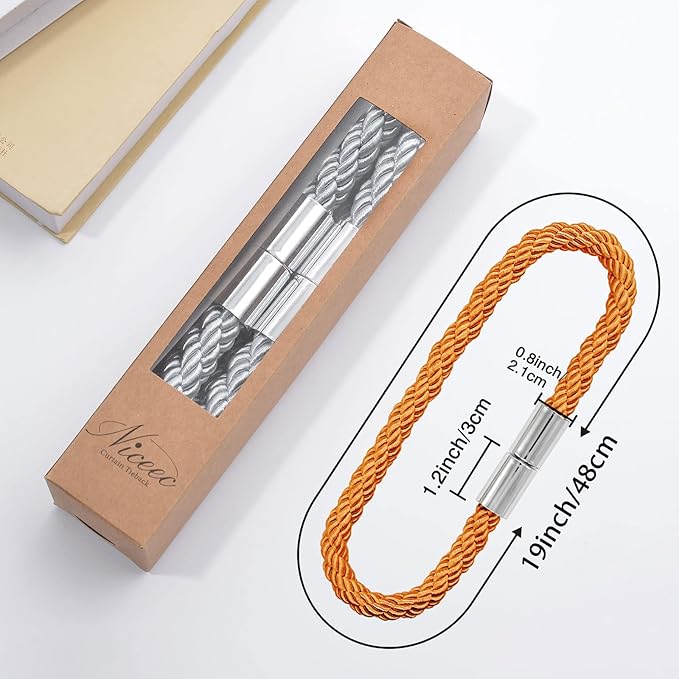 NICEEC 4 Pack Strong Magnetic Curtain Tiebacks Modern Simple Style Drape Tie Backs Convenient Decorative Weave Rope Curtain Holdbacks for Thin or Thick Home & Office Window Draperies (Orange)