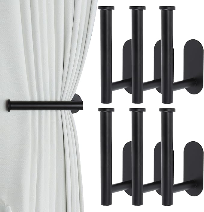 Groleca 6 Pack Adhesive Curtain Holdbacks Curtain Tie Backs Curtain Holdbacks No Drill Curtain Pull Backs Adhesive Curtain Hooks Curtain Holders for Drapes (6, Black)