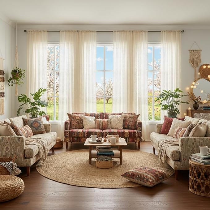 WAZZIO Boho Lace Curtains 2 Panels 96 Inches -Cute Vintage Victorian Sheer Panel Drape French Country Floral Pattern & Tassel Light Filtering Privacy for Bedroom Dining Living Room,Beige,W52x L96