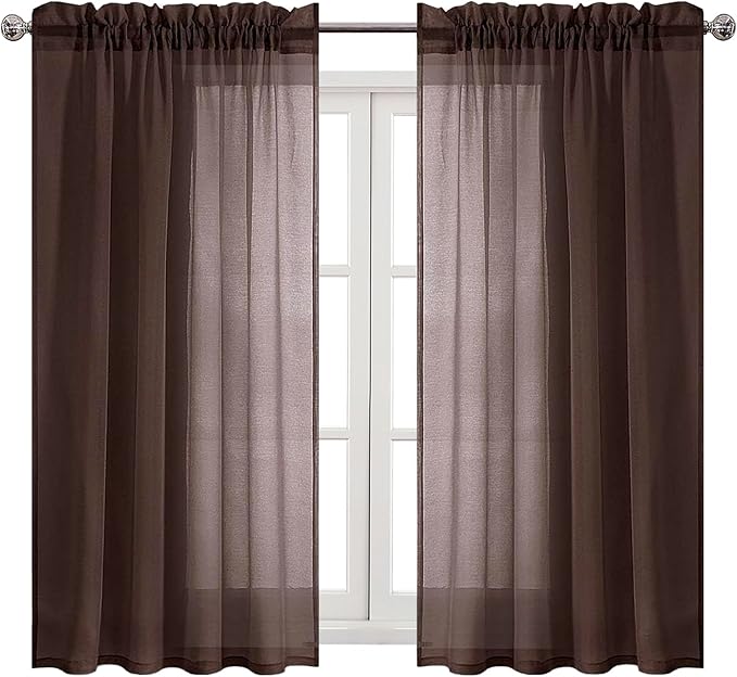 DWCN Brown Sheer Curtains Semi Transparent Voile Rod Pocket Curtains for Bedroom and Living Room, 52 x 54 inches Long, Set of 2 Panels