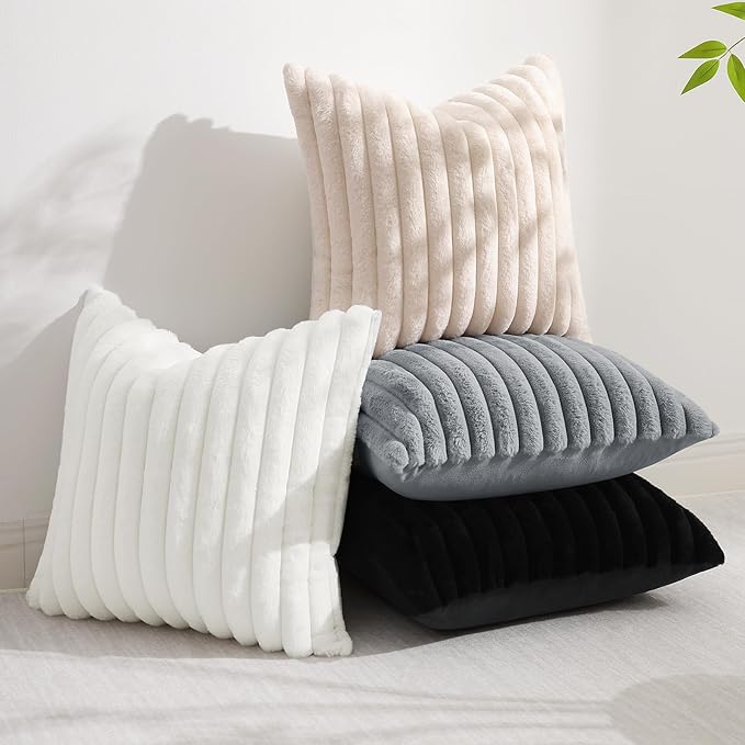 decorUhome Summer Cozy Faux Fur Throw Pillow Covers 12x20 Set of 2 Decorative Soft Plush Striped Lumbar Modern Farmhouse Boho Couch Pillow Cases with Velvet Back for Sofa Bed Living Room, White