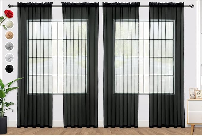 SpaceDresser Black Sheer Curtains 4 Panels Rod Pocket Semi-Sheer Curtain 108 Inches Long Light Filtering Voile Window Drapes for Bedroom Living Room Kitchen, Each 52W x 108L