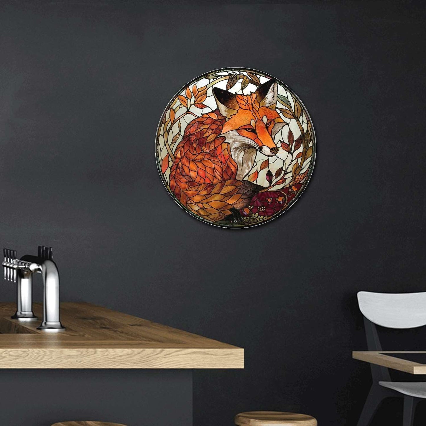 Lygond Metal Sign Tin Sign Circular Stained Glass Red Fox2 Funny Garden Signs For Garage 12×12 Inches
