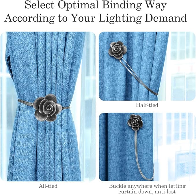 Lewondr Drapery Holders, Vintage Resin Flower Curtain Ties with Rope Curtain Holdbacks Window Curtain Decorative for Outdoor, Home Office, and Cafe Balcony - Ink
