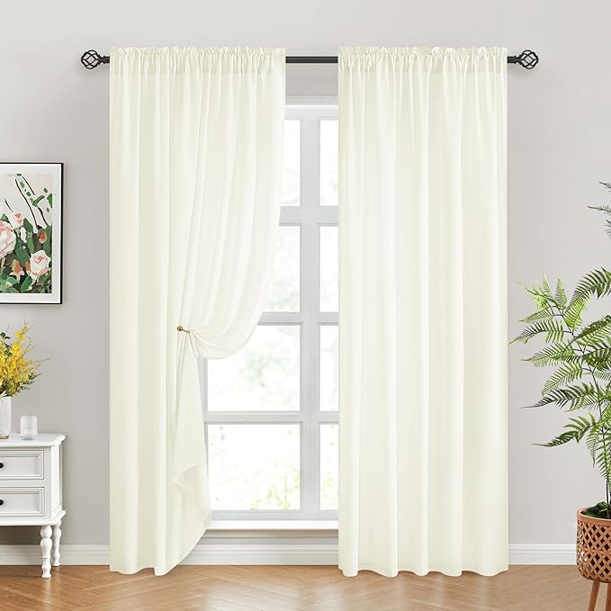 HOMEIDEAS Non-See-Through Ivory Privacy Sheer Curtains, 52 X 84 Inches Long 2 Panels Sheer Curtains Light Filtering Window Drapes for Bedroom Living Room