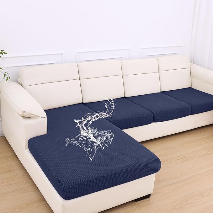 hyha Waterproof Couch Cushion Covers for Pets, Non Slip Sofa Seat Cover for Dogs Washable, Soft Thick Stretch Jacquard Fabric, Sofa Slipcovers with Elastic Bottom (1 Chaise+3 Seater, Navy)