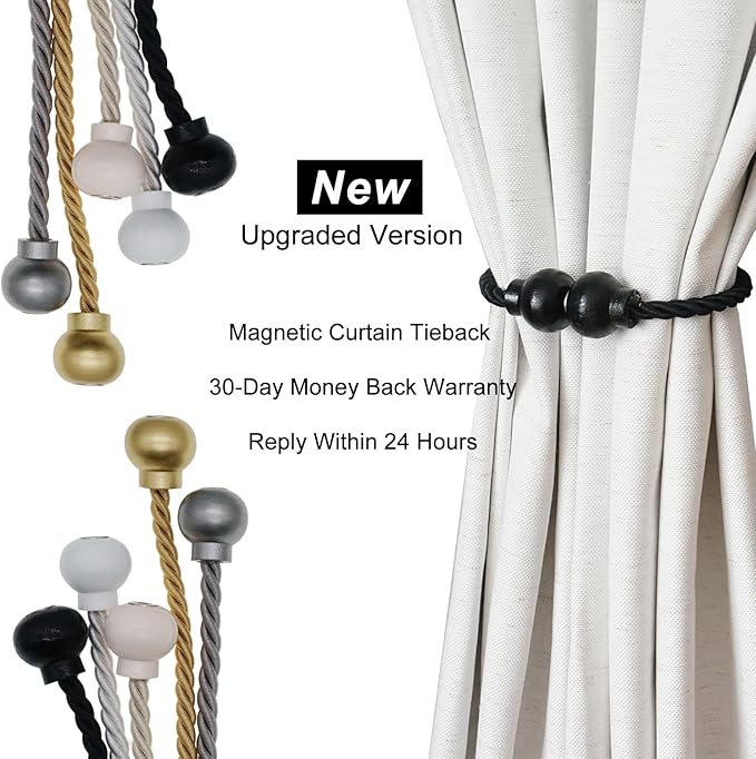 4 Pack Magnetic Curtain Tiebacks Modern Handmade Rope Curtain Tie Backs Decorative Drapes Weave Holdbacks for Home Outdoor Bedroom Office Decorative Curtain, Black