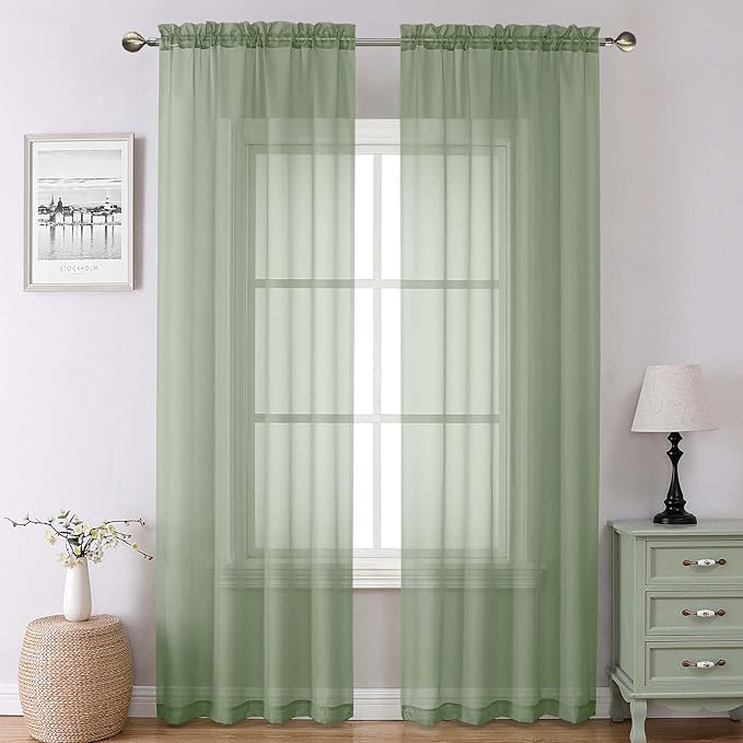 Lecloud Sage Green Sheer Curtains 90 Inches Long 2 Pcs, Modern Solid Voile Light Filtering Drapes, Airy Privacy Window Curtains with Rod Pocket for Dining Room/Bedroom/Living Room, Each 42" W x 90" L