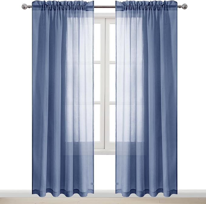 DWCN Sheer Curtains Semi Transparent Voile Rod Pocket Curtains for Bedroom and Living Room, Dusty Blue, 52 x 84 inches Long, Set of 2 Panels