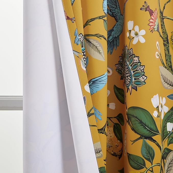 Topfinel 105 Inches Long Mustard Yellow Luxury Curtains for Living Room Bedroom, Blackout Vintage Art Deco Victorian Curtains Floral Lemon Hummingbird Printed Grommet Drape 105 Inch Length