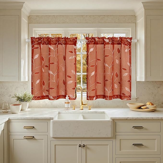 MIULEE Terracotta Sheer Curtains 2 Panels Embroidered Leaf Patterned burnt Orange Rod Pocket Floral Semi Faux Linen Short Fall Window Curtains Drapes Set for Kitchen Bathroom Cafe, 30x24 Inches Length