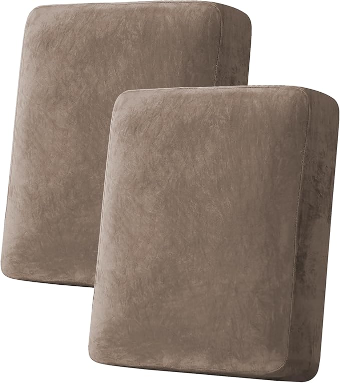 H.VERSAILTEX Velvet Stretch Couch Cushion Cover Plush Cushion Slipcover for Chair Loveseat Sofa Cushion Furniture Protector Seat Cushion Sofa Cover (2 Piece Medium Sofa Cushion Covers, Mocha)