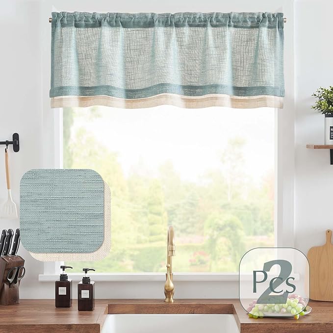 jinchan Linen Farmhouse Valances for Living Room Windows 16 Inch Slubbed Crossed Double Layer Window Valances Light Filtering Rustic Country Overlay Rod Pocket 2 Panels Blue Haze
