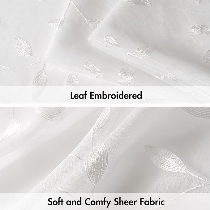 MIULEE White Sheer Curtains 2 Panels Embroidered Leaf Patterned Rod Pocket Floral Semi Sheer Faux Linen Window Curtains Drapes Set for Living Room Bedroom Dining Room, 52x96 Inches Long