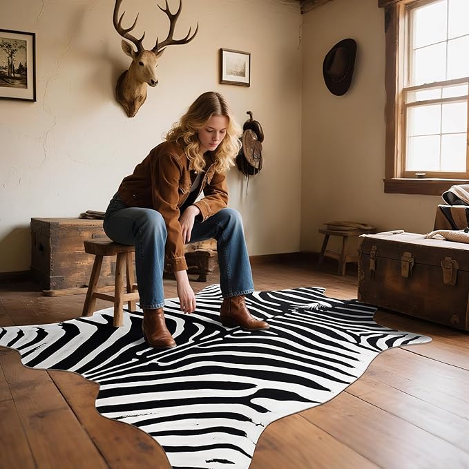 AROGAN Premium Faux Zebra Hide Rug 6.2 x 7 Feet, Sturdy and Large Size Zebra Print Rugs, Suitable for Bedroom Living Room Western Decor, Faux Fur Animal Carpet, Black and White