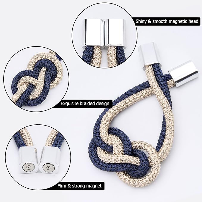 NICEEC 4 Pack Mini Magnetic Curtain Tiebacks Nordic Simple Style Drape Tie Backs Elegant Hand Weave Rope Knot Decorative Curtain Holdbacks for Home & Office Thin Window Drapery (Dark Blue & Beige)