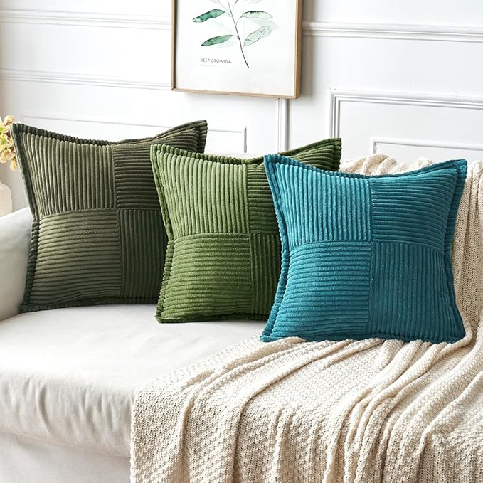 MIULEE Spring Decorative Throw Pillow Covers for Couch Bed Livingroom 16x16 Inch Set of 2 Moss Green Boho Accent Throw Pllows Broadside Striped Patchwork Soft Corduroy Summer Pillowcases