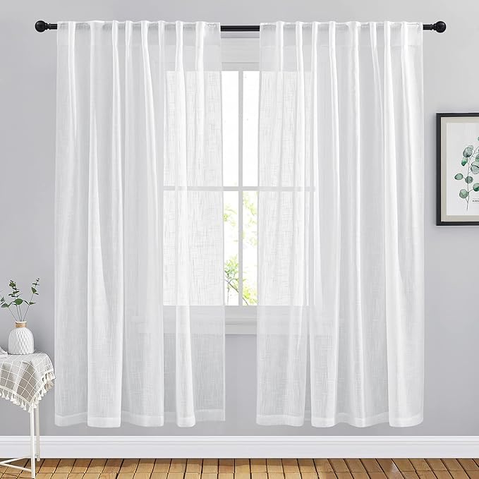 NICETOWN Semi Sheer Window Curtain Panels for Nursery, Rod Pocket & Back Tab Privacy with Light Filter Linen Sheer Window Treatments for Bedroom/Living Room, White, W66 x L72, 2 Pieces