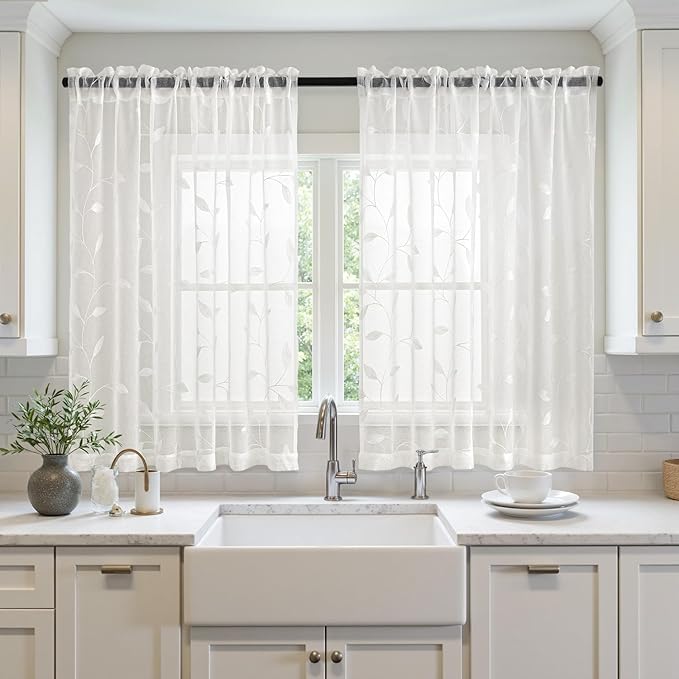 MIULEE Ivory Sheer Curtains 2 Panels Embroidered Leaf Patterned Rod Pocket Floral Semi Sheer Faux Linen Short Window Curtains Drapes Set for Kitchen Living Room Bedroom, 52x54 Inches Length