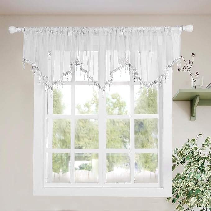 Molaxhome Swag Curtain 51 inch Length Rod Pocket Scalloped Curtain Valance Sheer Lace Panels with Hanging Crystal Beads for Kitchen Bedroom Window Treatments Drape Decor 1pc (White, 51Wx23L)