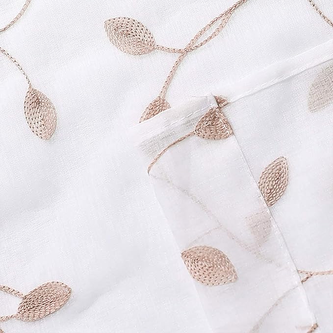 MRTREES Voile Sheer Curtain Valances, Leaves Embroidered Valance Curtains Rod Pocket, Small Sheer Window Curtain Treatment for Bedroom/Living Room/Kitchen/Basement(1 Panel, 54x16 Inches, Taupe Leaves)