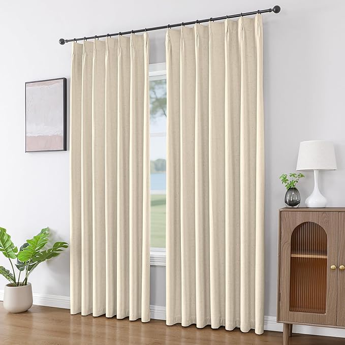Joydeco 100% Blackout Pleated Curtains, Linen Window Curtains 2 Panel Sets 108 inches Long, Thermal Insulated Darkening Drapes for Bedroom(Bleached Sand,40'' Wx108'' L)