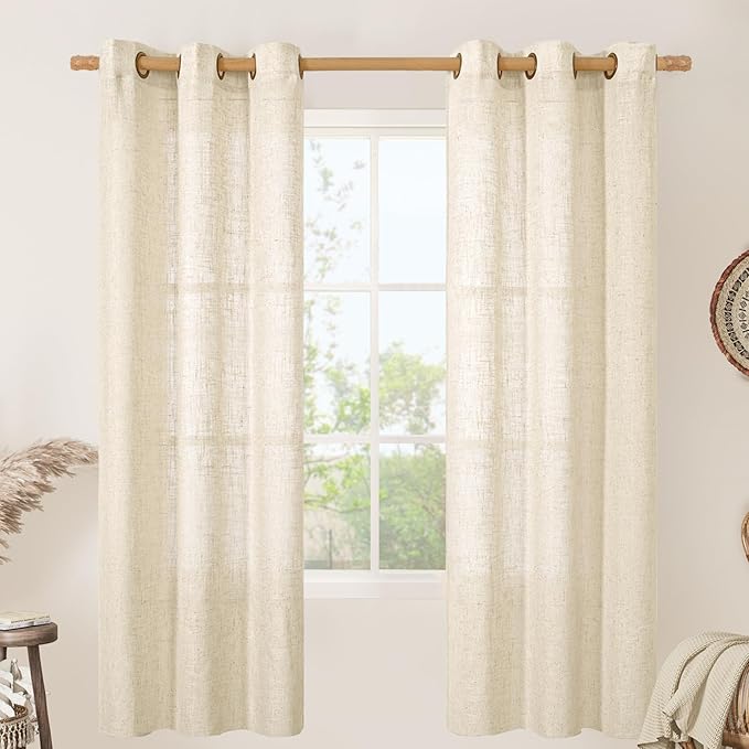 LAMIT Linen Semi Sheer Curtains 72 Inches Long for Bedroom, Beige Light Filtering Panels Bronze Grommet Boho Window Drapes for Living Room/Farmhouse, 2 Panels, 34 x 72 Inch