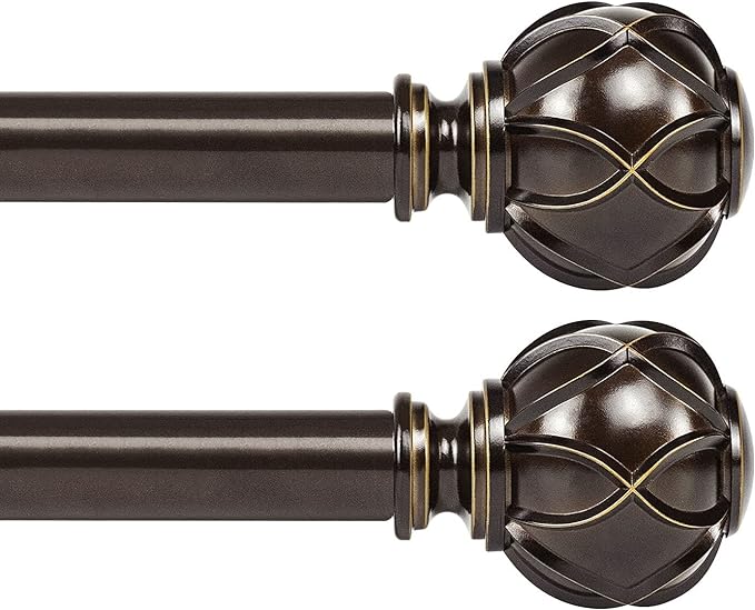 KAMANINA Single Curtain Rod 32 to 58 Inch(2.6-4.8Ft), 7/8 Inch Antique Bronze Adjustable Drapery Rod for Windows, Decorative Netted Texture End (Pack of 2)
