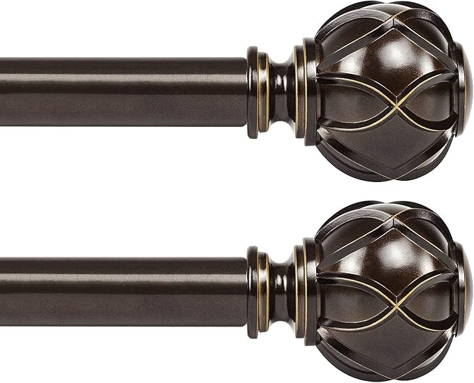 KAMANINA 1 Inch Curtain Rod Telescoping Single Drapery Rod 28 to 48 Inches (2.3-4 Feet), 2 Pack Antique Bronze Curtain Rods for Windows 16 to 44 Inches, Netted Texture Finials