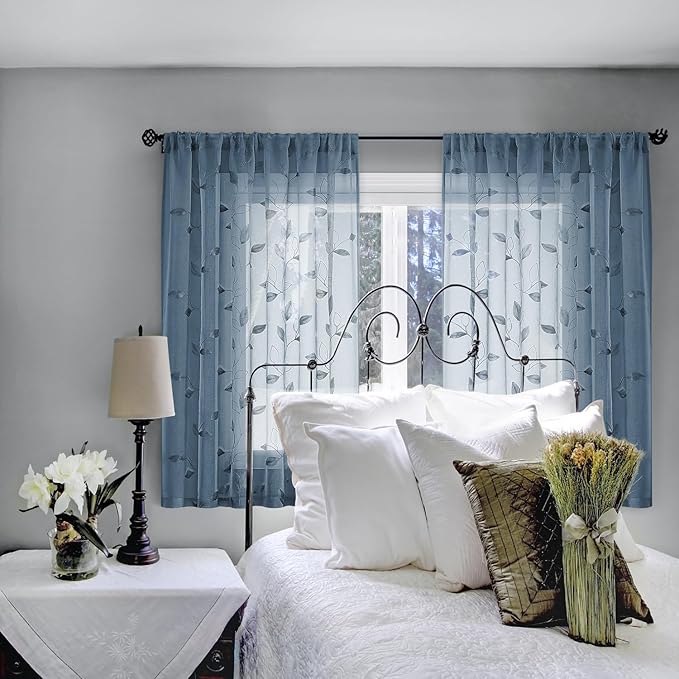 HOMEIDEAS Stone Blue Sheer Kitchen Curtains 52 x 45 Inch Length 2 Panels Embroidered Leaf Pattern Short Curtains for Bedroom Half Small Bathroom Window Rod Pocket Tiers